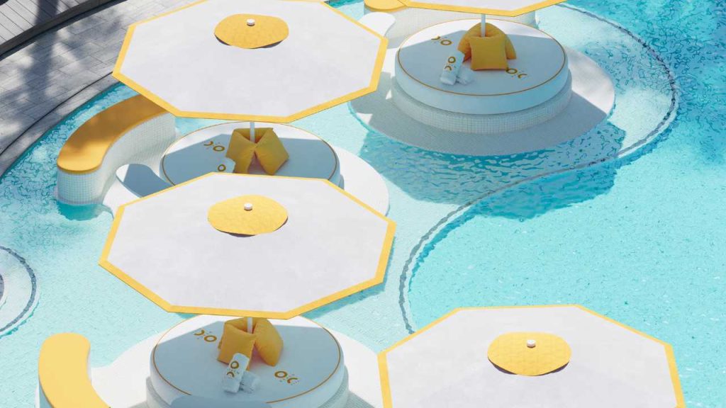 poolside loungers and logo of o beach dubai ibiza